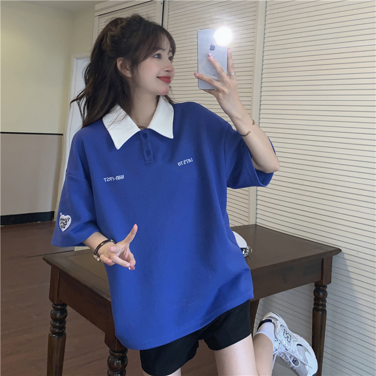 Waffle plaid polo collar short-sleeved contrasting T-shirt women's loose college style Korean style couple half-sleeved top trendy