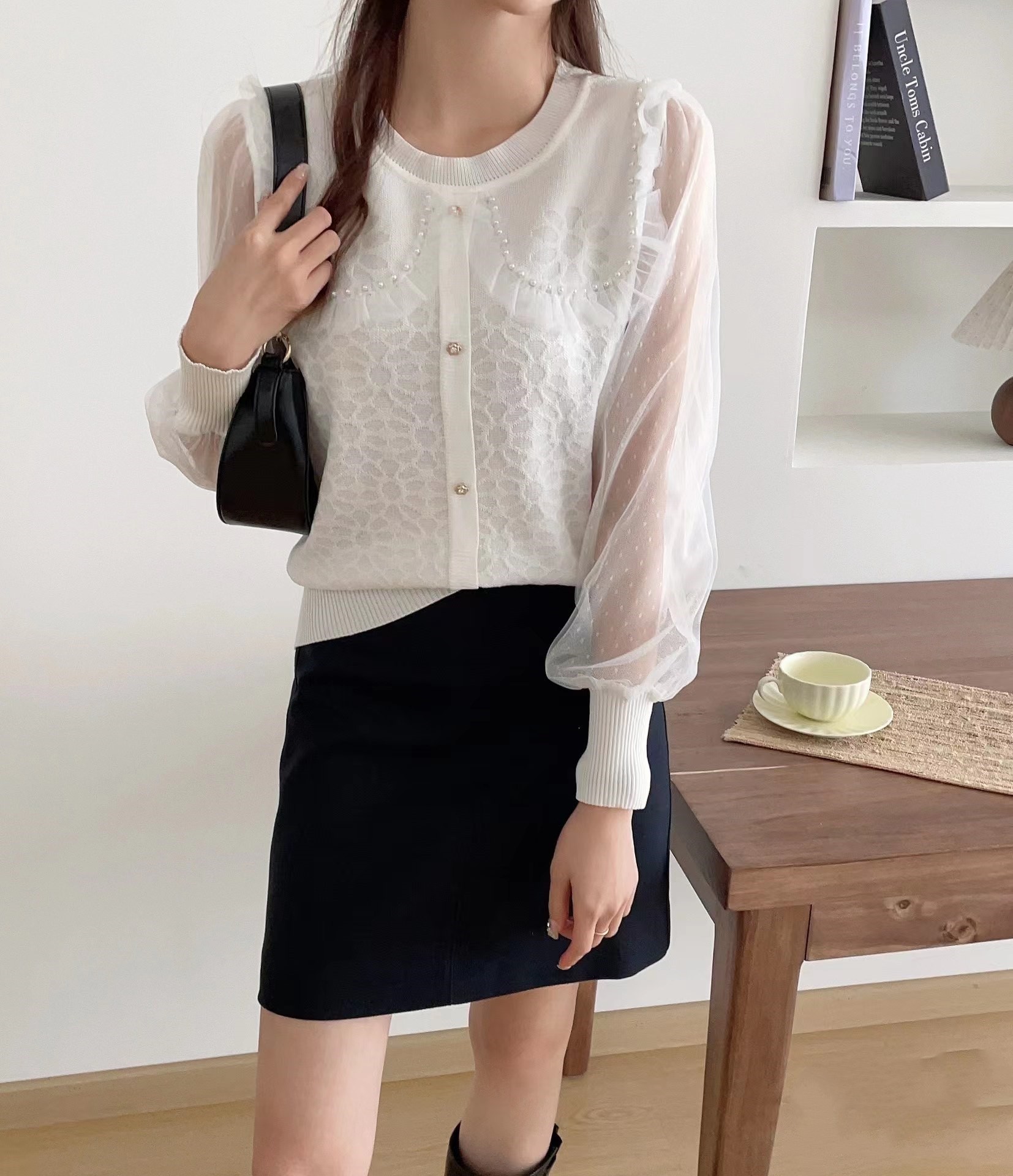2024 spring and summer new sweet age-reducing lace earrings beaded chiffon long-sleeved versatile top