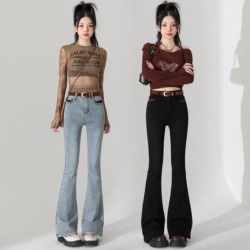 Actual shot of 2024 spring new stretch micro-flared pants, retro hot girl style women's jeans, trousers, extra-long trousers