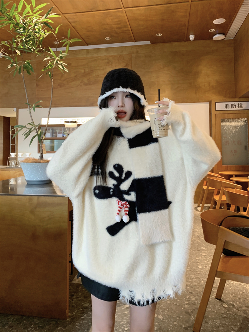 Real shot American retro elk Christmas atmosphere pullover round neck loose and slim mohair long-sleeved sweater