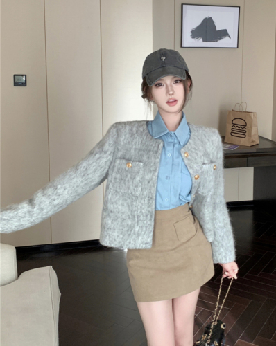 Real shot of Xiaoxiang style gray quilted woolen jacket + washed denim shirt + waist slimming trouser skirt for women