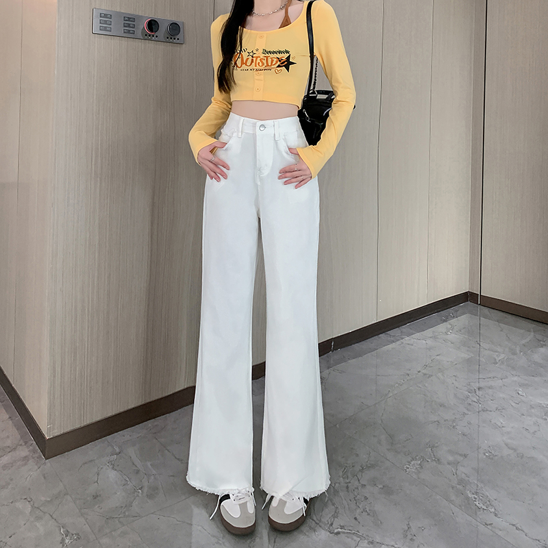 實拍~白色直筒牛仔褲女2024年顯瘦闊腿褲寬鬆休閒褲毛邊長褲