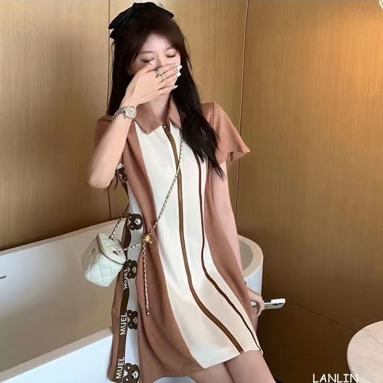 復古氣質拼色polo領連衣裙女夏季新款小眾高級感收腰顯瘦短款裙子