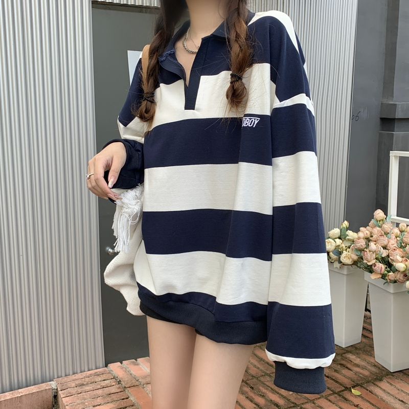 260g twill retro stripe embroidery letters polo collar sweater women