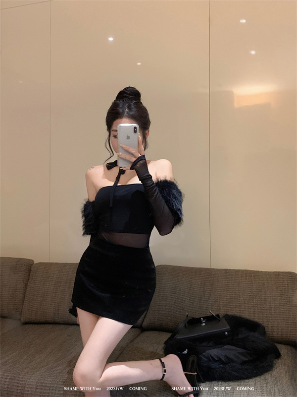 實拍  高級性感純欲毛毛黑色短款網紗打底裙