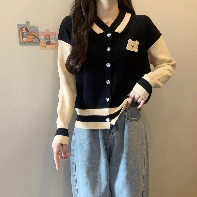 春季撞色小熊棒球服百搭撞色插肩袖針織開衫毛衣外套休閒短款上衣