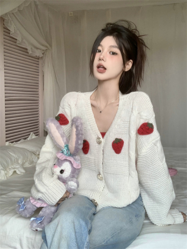 Real shot of high-end chic knitted sweater for women spring new V-neck outer strawberry sweater jacket