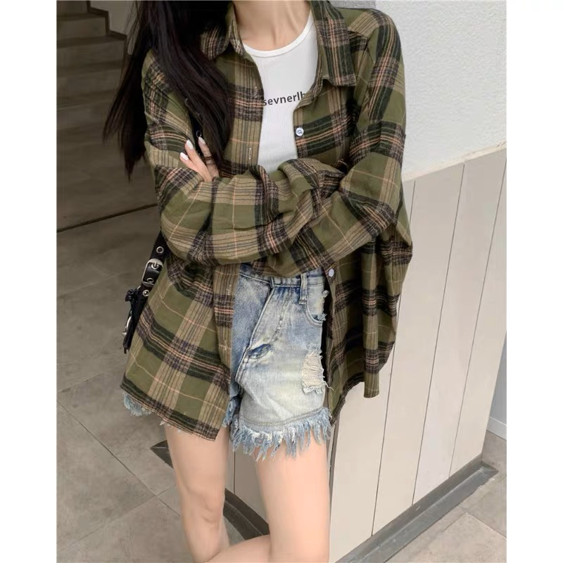 American retro green longer plaid shirt women's casual shirt 2024 autumn coat for women