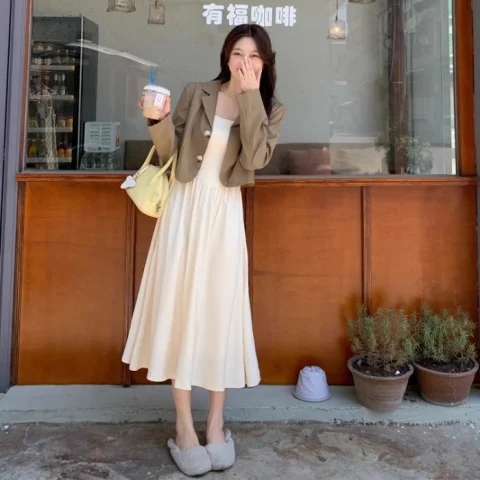 高級感秋季女套裝設計蝴蝶結綁帶西裝外套純欲吊帶連衣裙子兩件套