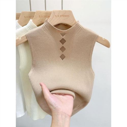 Half turtleneck knitted camisole for women to wear inside and outside, lace sweater, sleeveless T-shirt, belly-covering short top for women