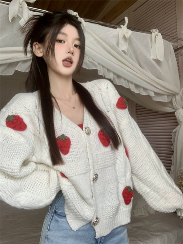 Real shot of high-end chic knitted sweater for women spring new V-neck outer strawberry sweater jacket