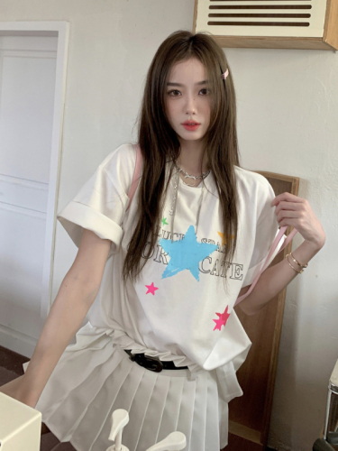 Official picture of stars and letters printed T-shirt for female summer girlfriends, loose, personalized, slim and versatile mid-length top