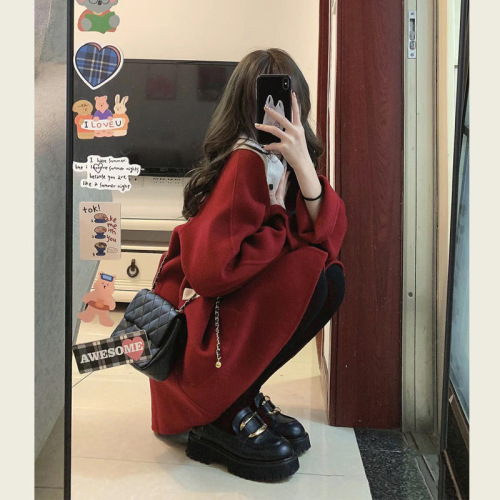 Xiaoxiangfeng 2024 New Year's Jersey Autumn and Winter Red Small Woolen Coat Woolen Jacket Women's Mid-Length