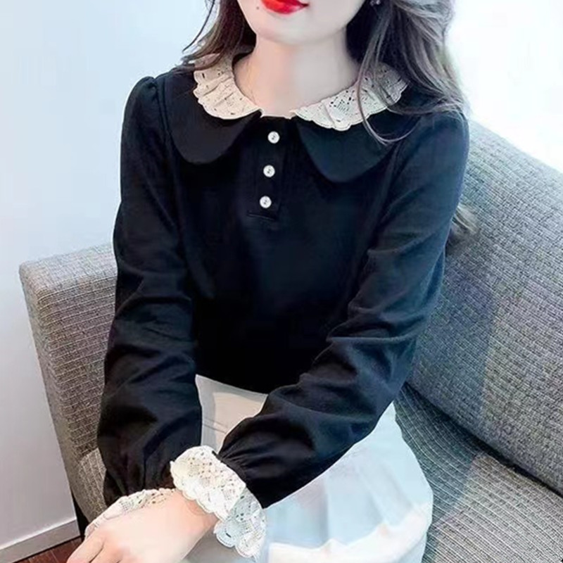 秋冬新款韓版時尚氣質蕾絲娃娃領半開胸長袖上衣女