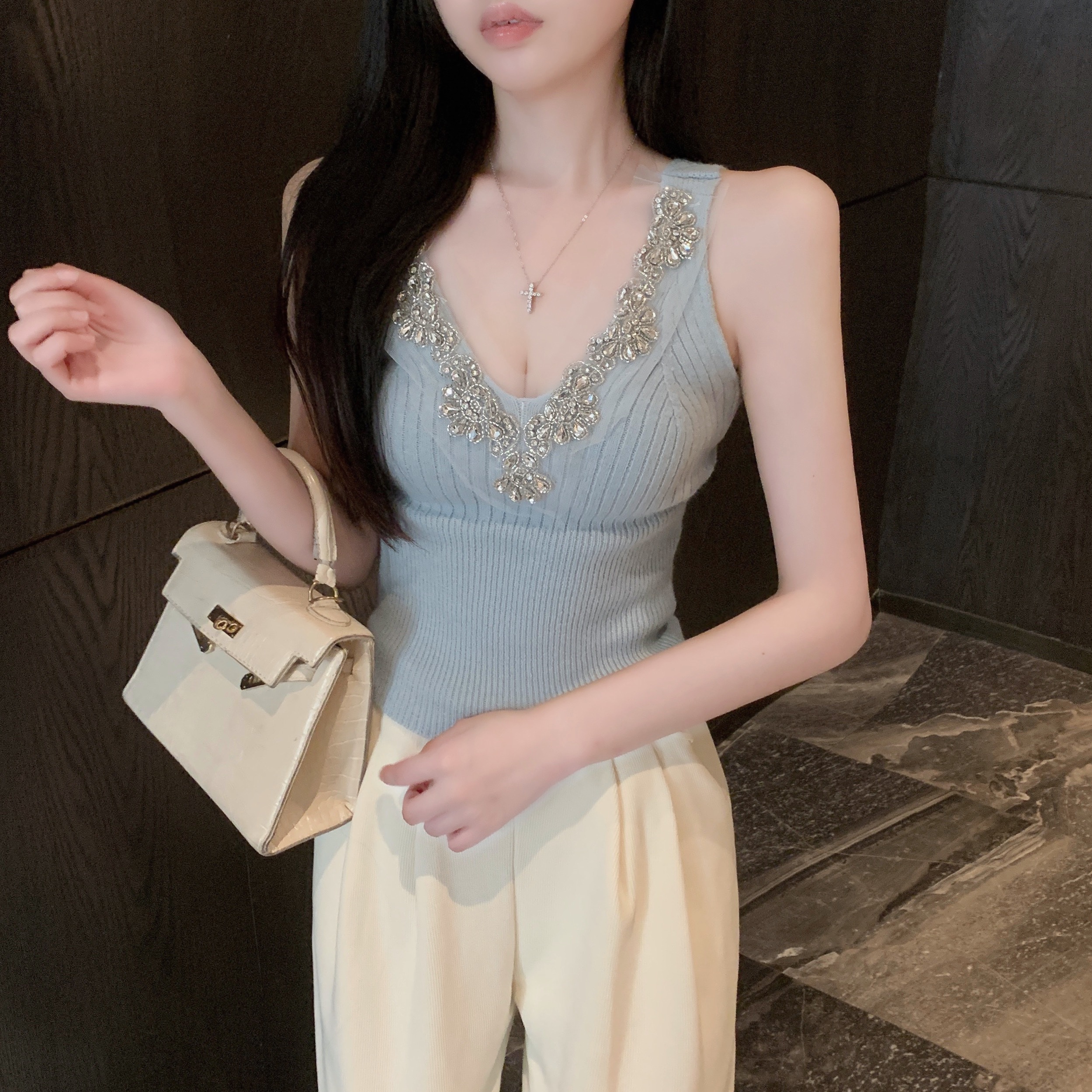 Real shot of Pure Desire Vest Heavy Industry Studded Slim Fit Knitted Camisole Top V-neck Sweater