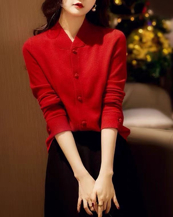 復古中國風全羊毛開衫女裝冬季新款打底衫新年紅色針織上衣