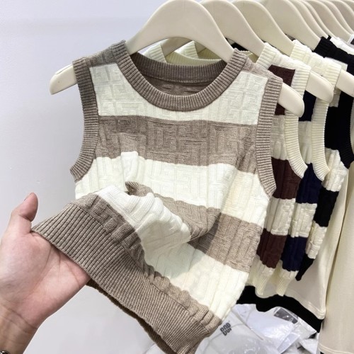 Contrast color stripe pit strip sleeveless knitted vest for women autumn and winter new style suit with waistcoat and outer top trendy