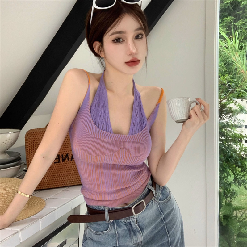Hot girls wear halter neck camisole women's inner wear summer fake two-piece slimming and contrasting color beautiful back sleeveless top