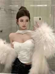 Real shot of three-dimensional flower top for women with removable mesh sleeves tube top