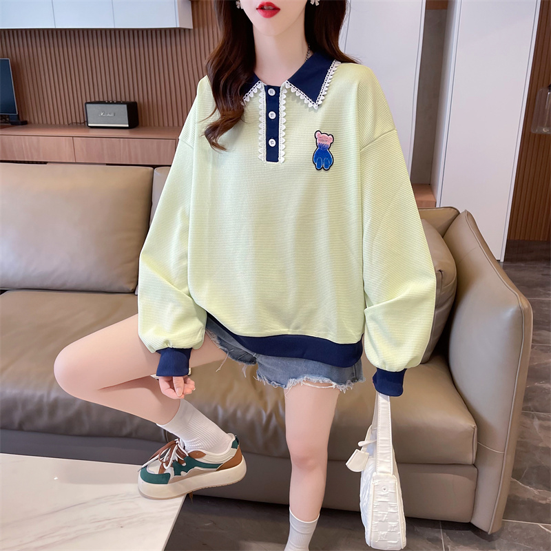 實拍-2024春裝華夫格螺紋CVC小個子上衣插色拼接薄款衛衣女