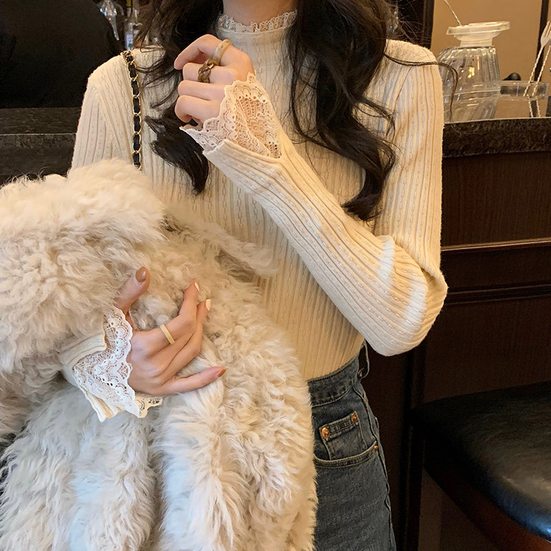 加厚蕾絲打底衫女洋氣半高領修身毛衣秋冬設計感中領針織衫上衣潮