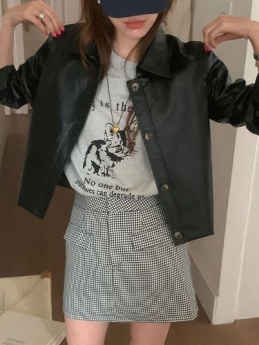 Actual shot of three standard textured leather jacket + plaid skirt two-piece set