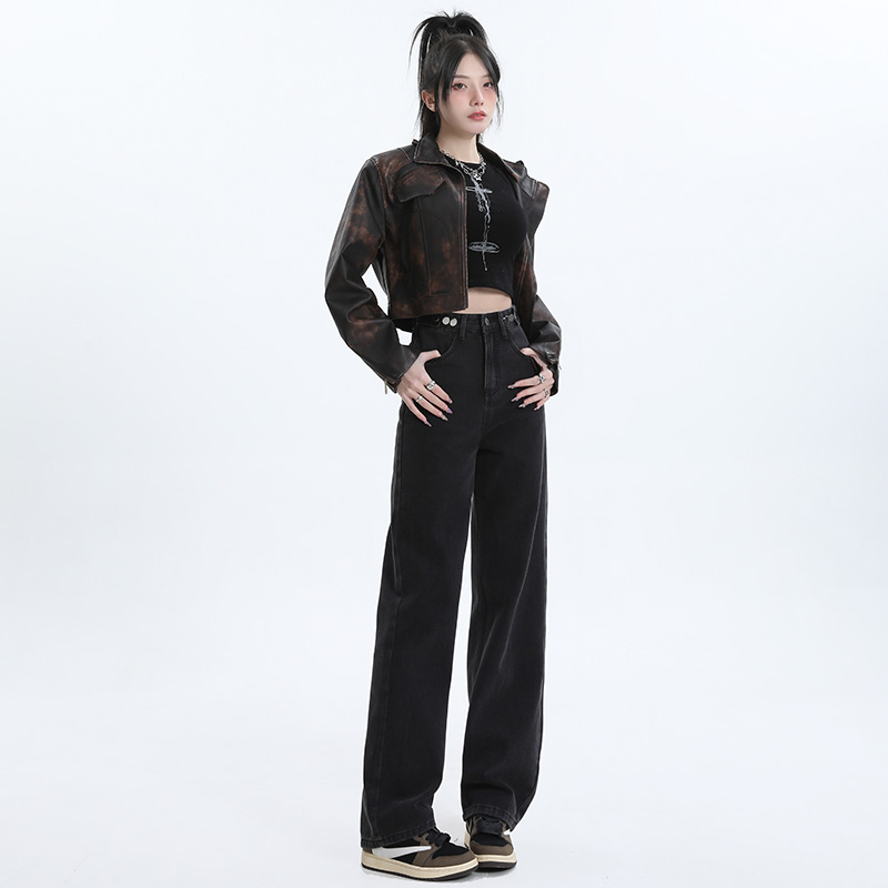實拍~2024大碼美式復古高腰直筒牛仔褲女調節扣寬鬆顯瘦闊腿褲ins