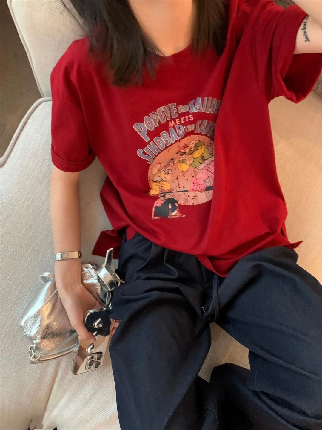 220克精梳緊密賽洛港味卡通大力水手印花短袖T恤