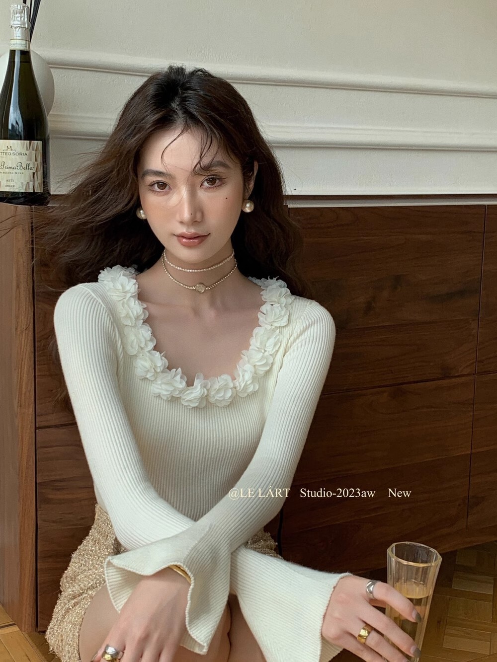 2024春秋新款韓版設計感花朵喇叭袖修身針織衫氣質溫柔顯瘦毛衣女