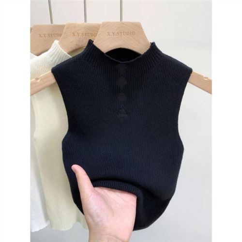 Half turtleneck knitted camisole for women to wear inside and outside, lace sweater, sleeveless T-shirt, belly-covering short top for women