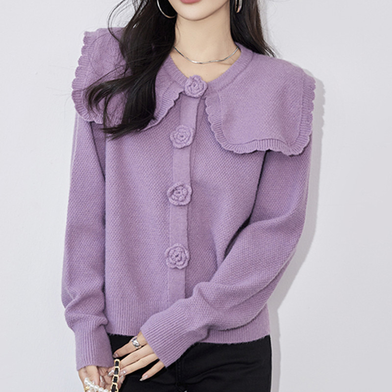 法式娃娃領立體花紐扣針織開衫女秋冬新款胖mm寬鬆慵懶風毛衣外套