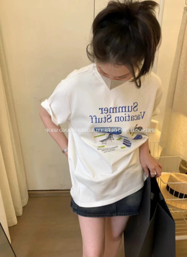 Official picture Korean high-end printed white short-sleeved T-shirt for women summer loose t-shirt pure cotton top niche women