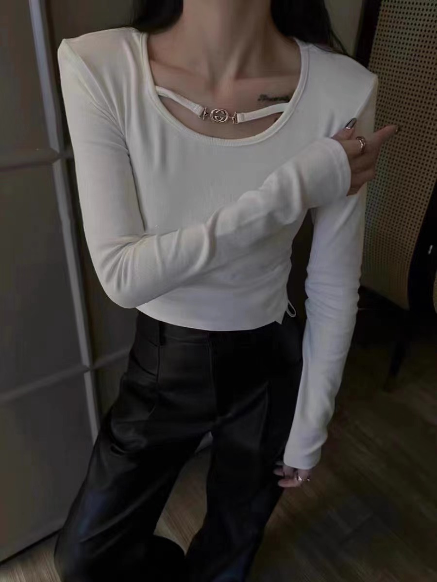 Sexy hollow air T-shirt women's long-sleeved pure cotton European irregular bottoming shirt foreign style spring design top