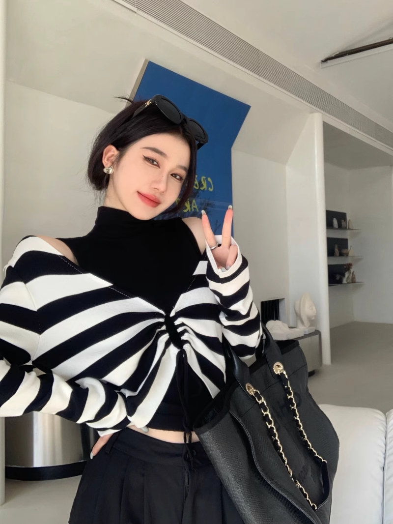 純欲辣妹時尚套裝女秋季新款高領背心抽褶條紋長袖T恤兩件套