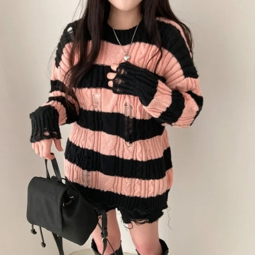 chic Korean style spring retro niche irregular hole design striped versatile knitted sweater top