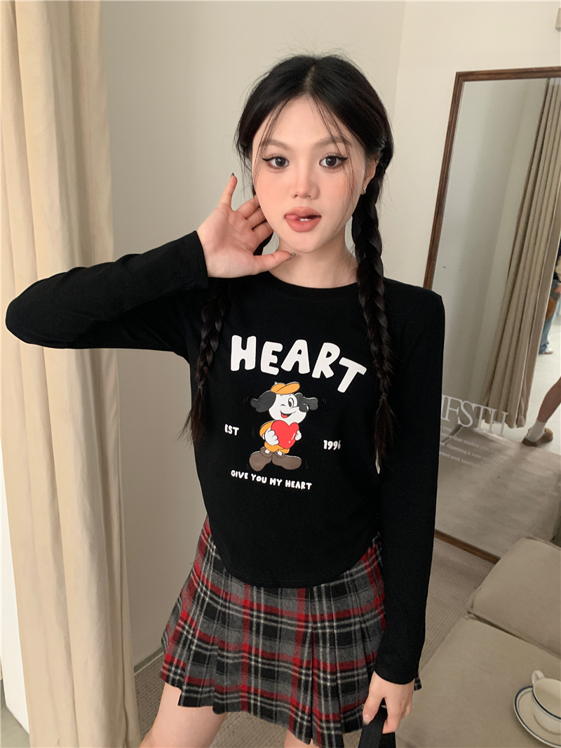 Real shot round neck cartoon print versatile T-shirt short bottoming shirt top