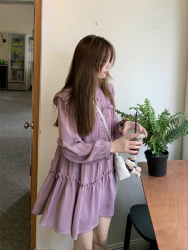 Real shot ~ Gentle style wide version small stand-up collar long-sleeved dress fashionable toothpick wrinkle cake skirt