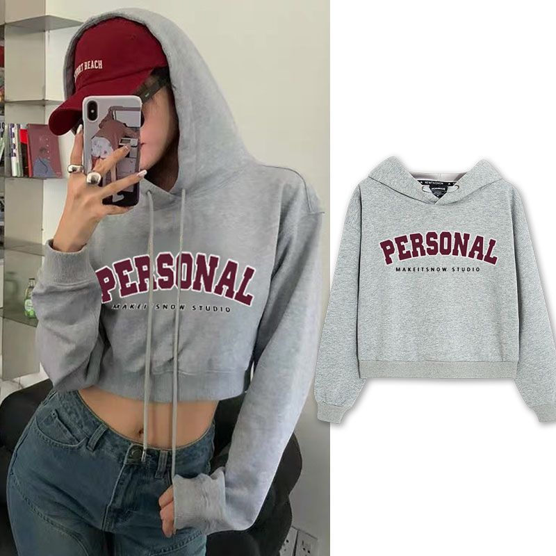 American retro gray hooded sweatshirt for women, short design, niche petite top, ins trend