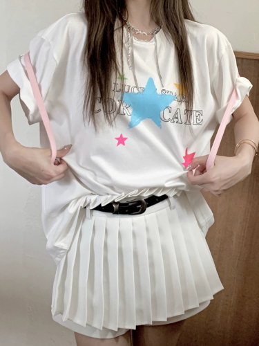 Official picture of stars and letters printed T-shirt for female summer girlfriends, loose, personalized, slim and versatile mid-length top