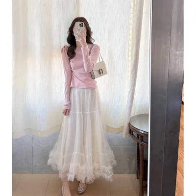2024 early spring new style gentle off-shoulder asymmetrical lace-up long-sleeved T-shirt + fungus edge mesh skirt suit