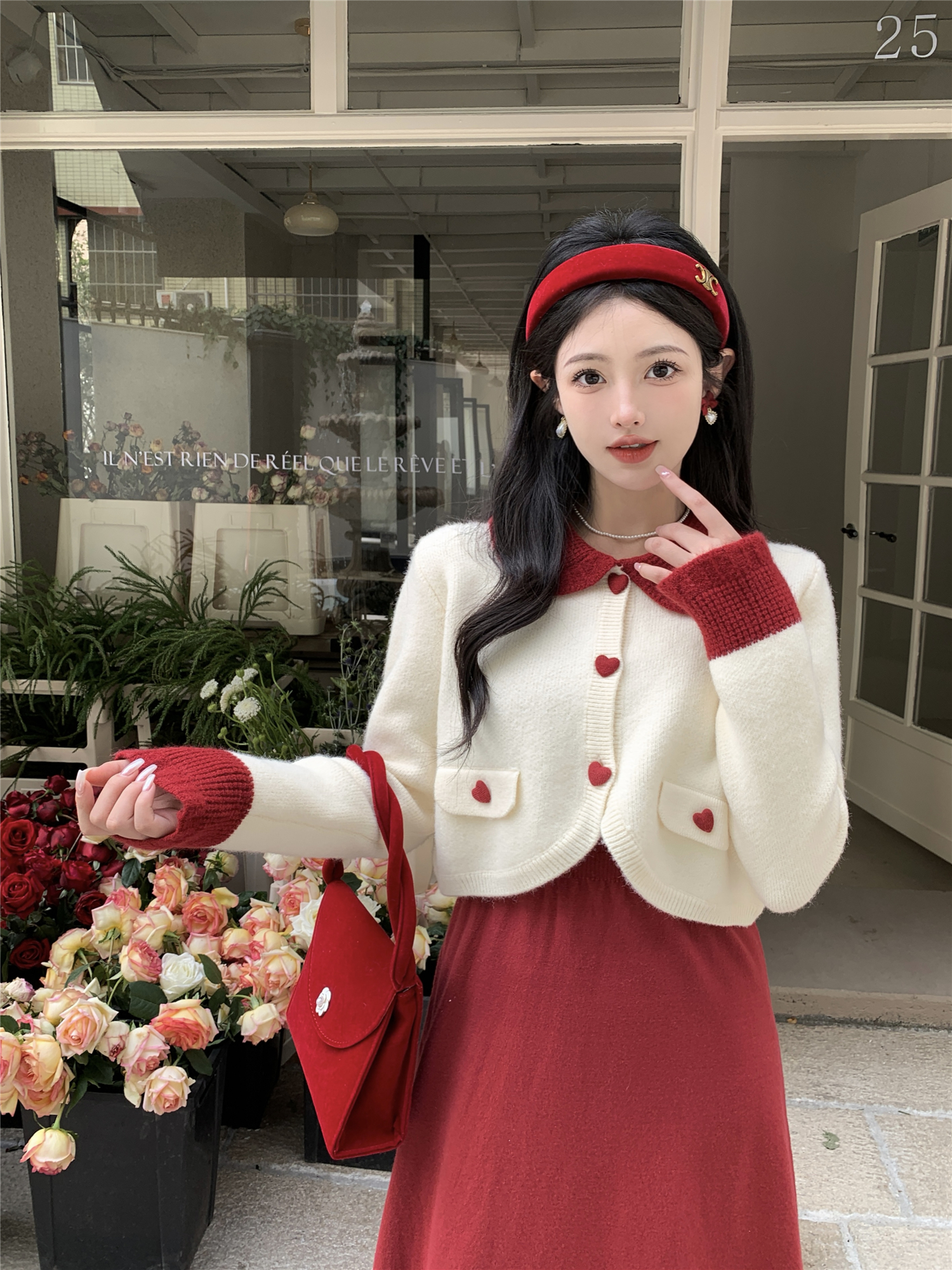 Actual shot ~ Korean lapel contrasting short loose long-sleeved knitted cardigan + slim suspender dress