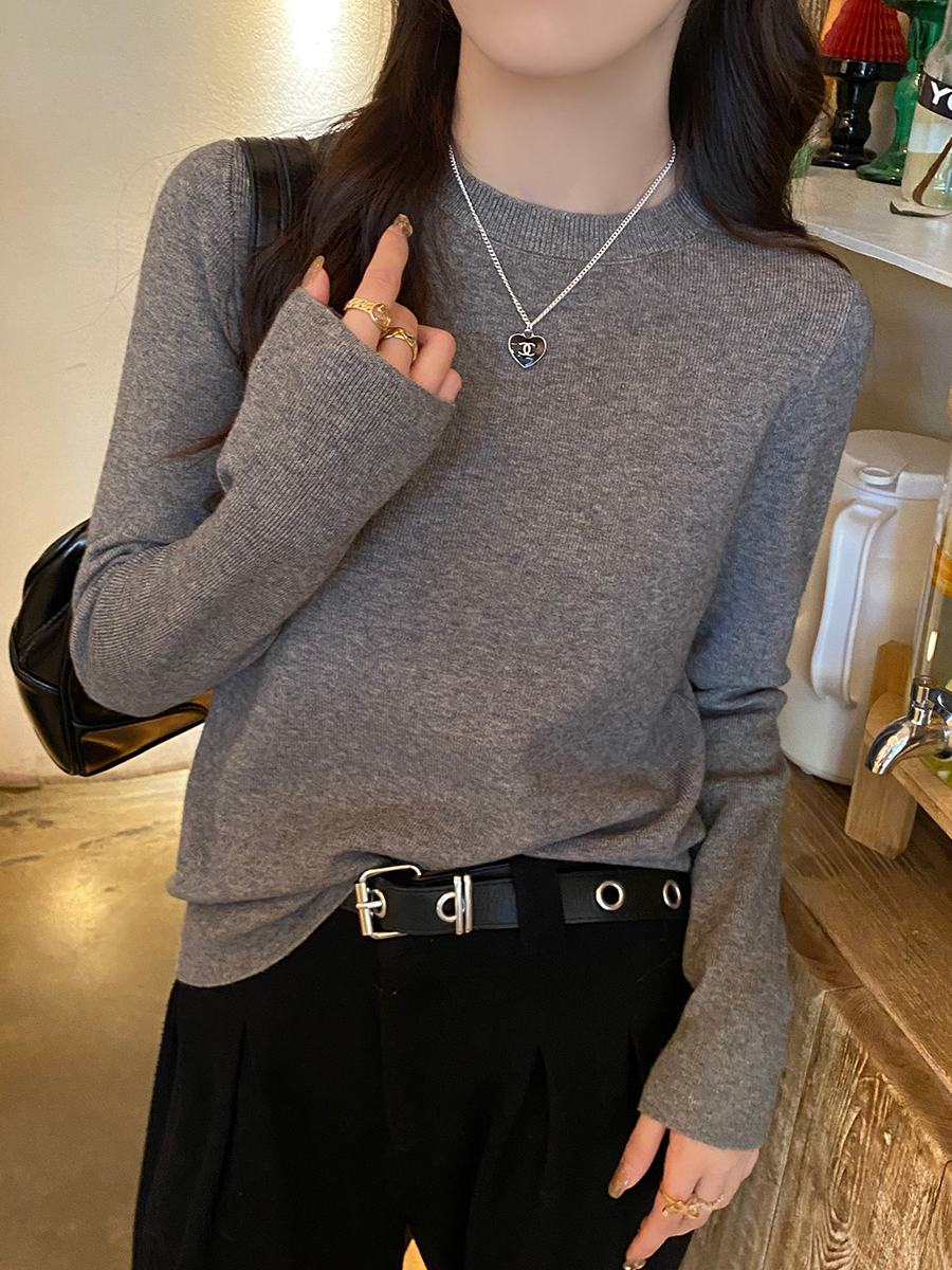 趙露思同款圓領打底衫女秋冬新款修身內毛衣羊絨灰色針織上衣