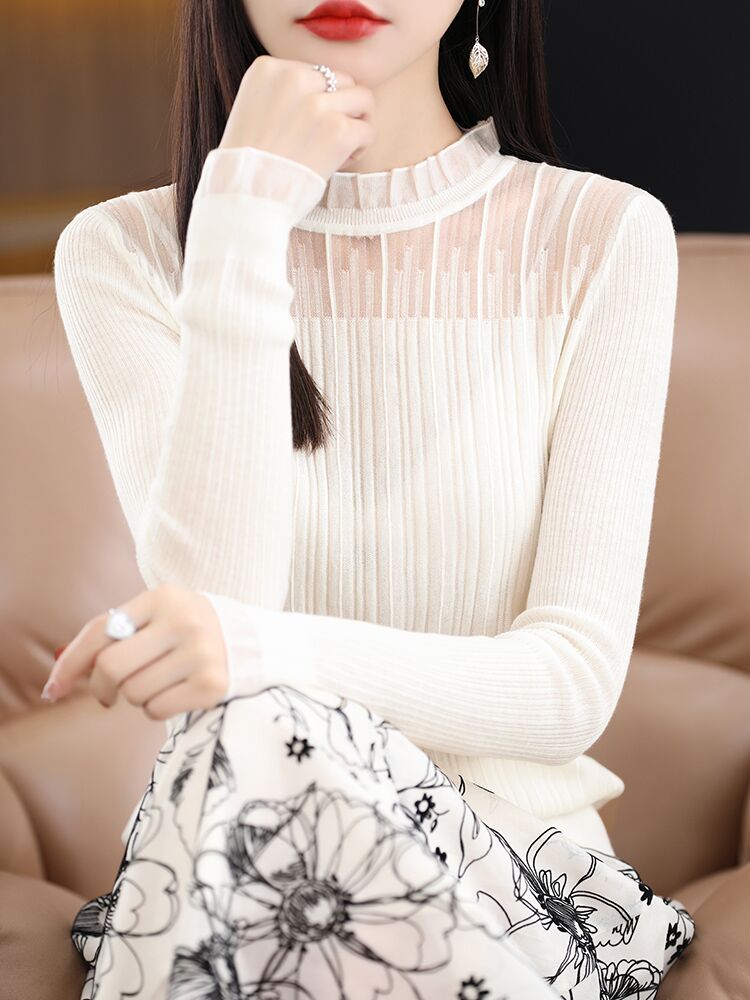法式別致洋氣小上衣蕾絲打底衫女內搭半高領毛衣長袖針織衫羊毛衫