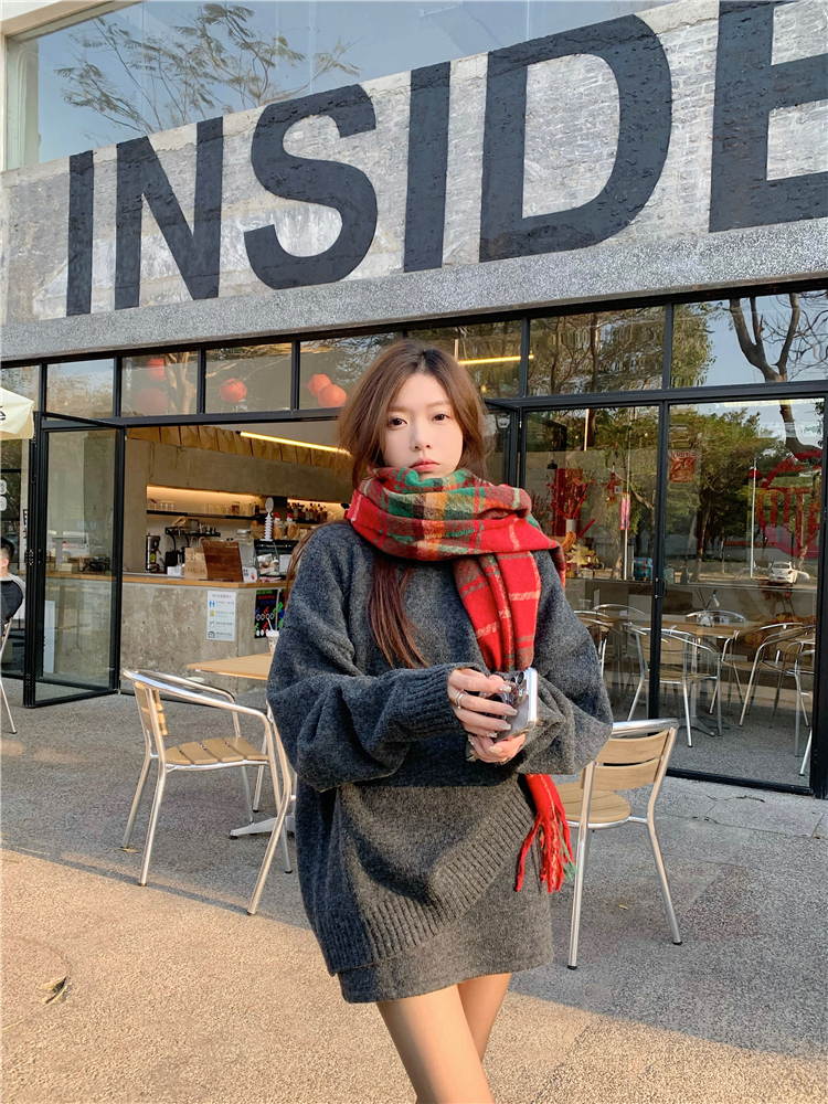 實拍~韓系慵懶風寬鬆套頭毛衣針織半身裙兩件套女