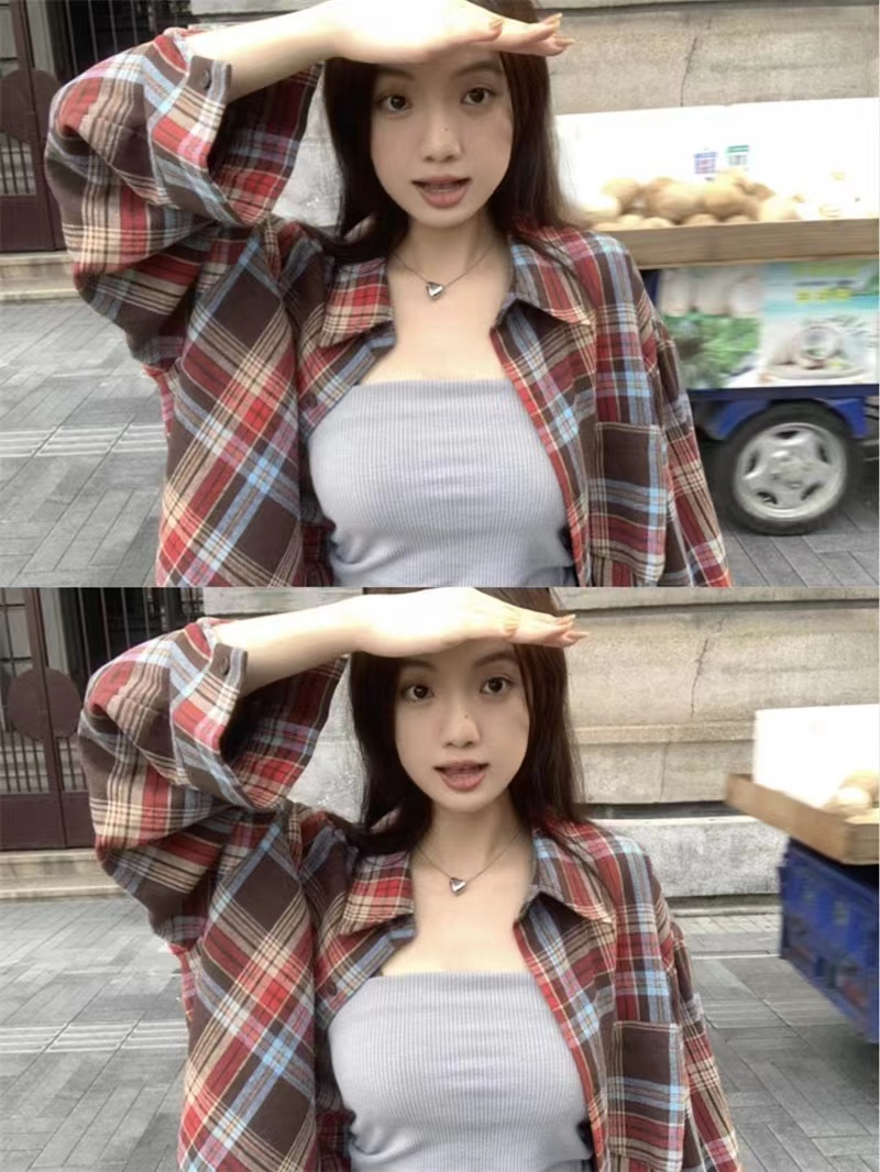 閒拽酷妹~復古polo領格子襯衫秋季中長款長袖寬鬆休閒外套