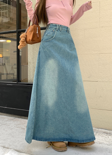 Actual shot of 2024 spring new washed retro a-line skirt for women high-waisted loose-fitting hip-covering denim skirt