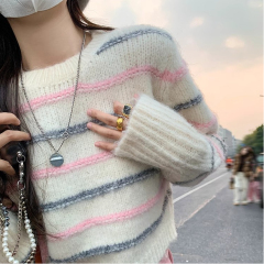 Striped Crew Neck Contrast Color Trendy Youthful Slimming Women's Autumn Winter New Arrival Pink Loose Fit Fashionable