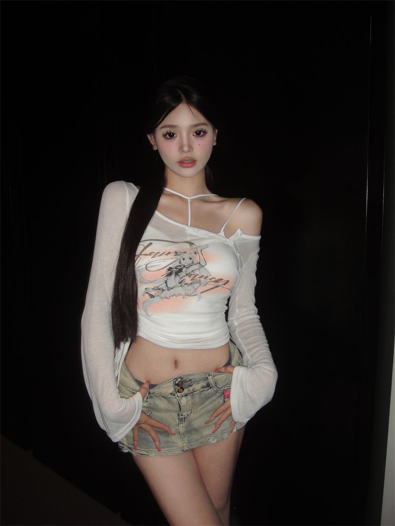 260g Modal 1*1 cartoon printed sun protection clothing T-shirt women's autumn new Korean style design sense niche