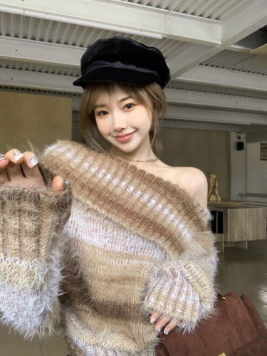 Actual shot ~ Lazy gradient off-shoulder lapel multi-wear plush furry loose sweater