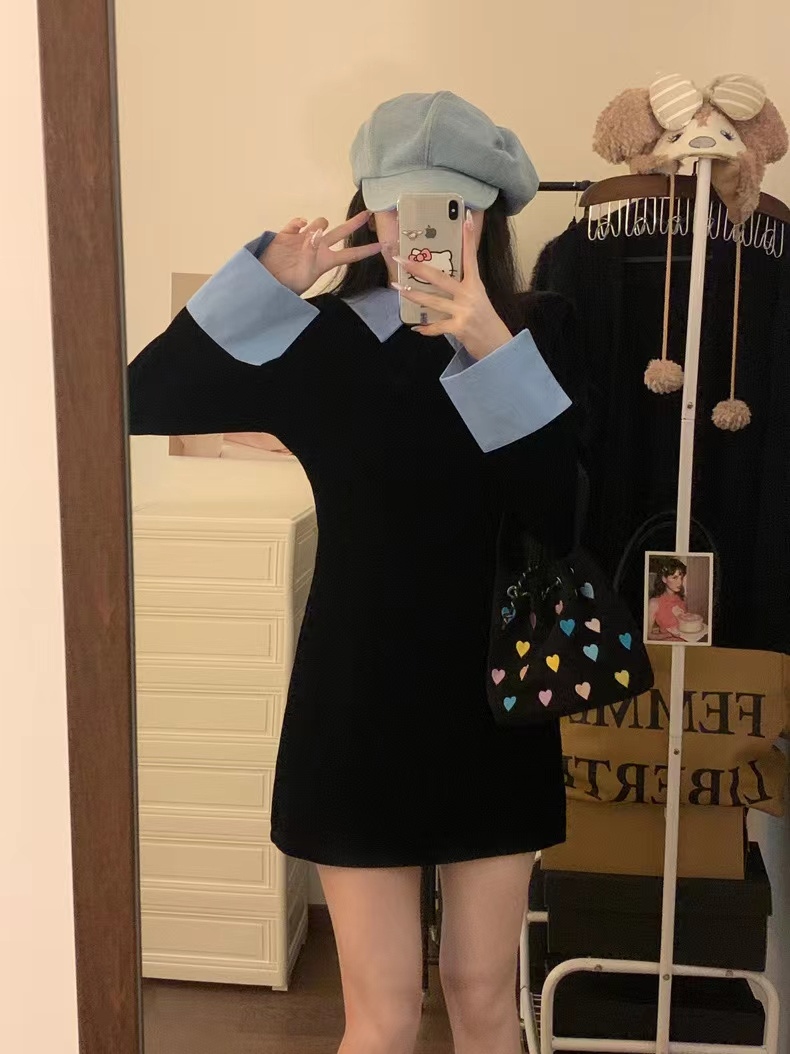 韓系假兩件拼接polo領修身連衣裙女秋冬款氣質顯瘦百搭包臀短裙子